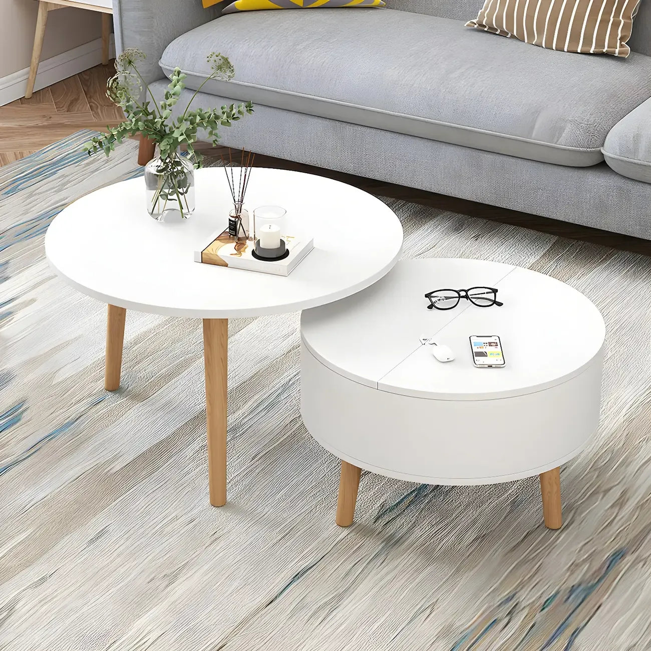 Tavolino da caffè rotondo moderno in legno bianco e nero con contenitore