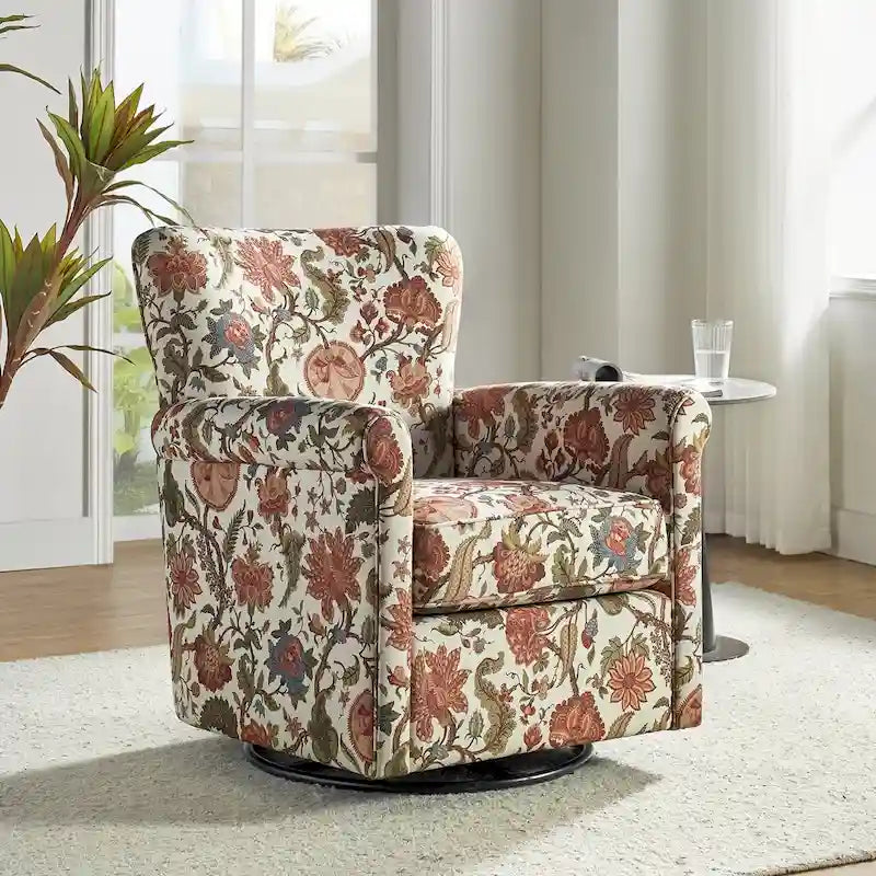 Poltrona girevole a dondolo Georg Comfortable Floral Fabric con braccioli arrotolati di HULALA HOME