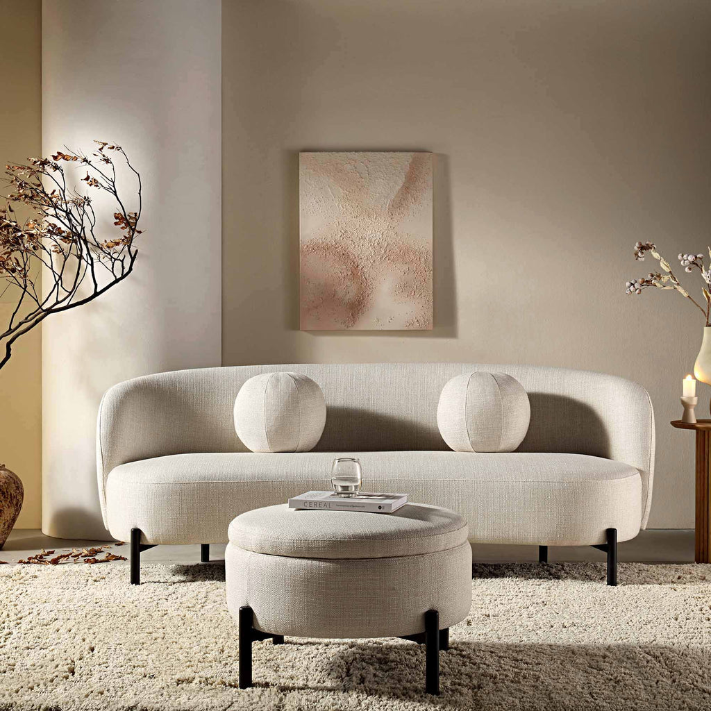 Divano curvo a 3 posti con cuscini a sfera, misto lino beige