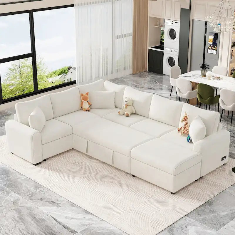 Divano sezionale in ciniglia con letto estraibile, divano letto a L con pouf contenitore, 3 cuscini e dispositivi di ricarica