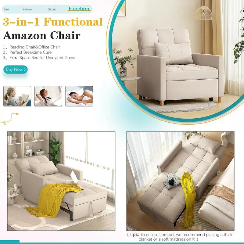AECOJOY Poltrona Letto 3 in 1 con Cuscino e Schienale Convertibile