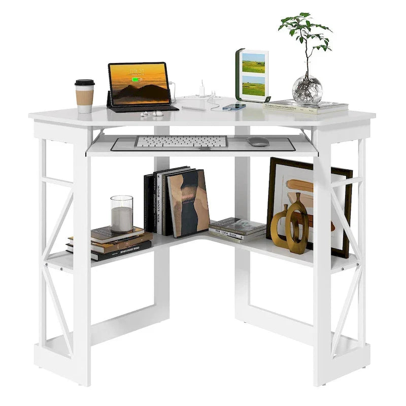 Scrivania ad angolo Scrivania piccola con prese Tavolo ad angolo per piccoli spazi, Scrivania per computer con porte USB Scrivania triangolare con contenitore