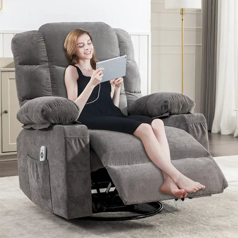 Poltrona reclinabile oversize grigia con calore e massaggio, reclinazione a 150°, oscillazione a 30°, ricarica USB e 2 portabicchieri