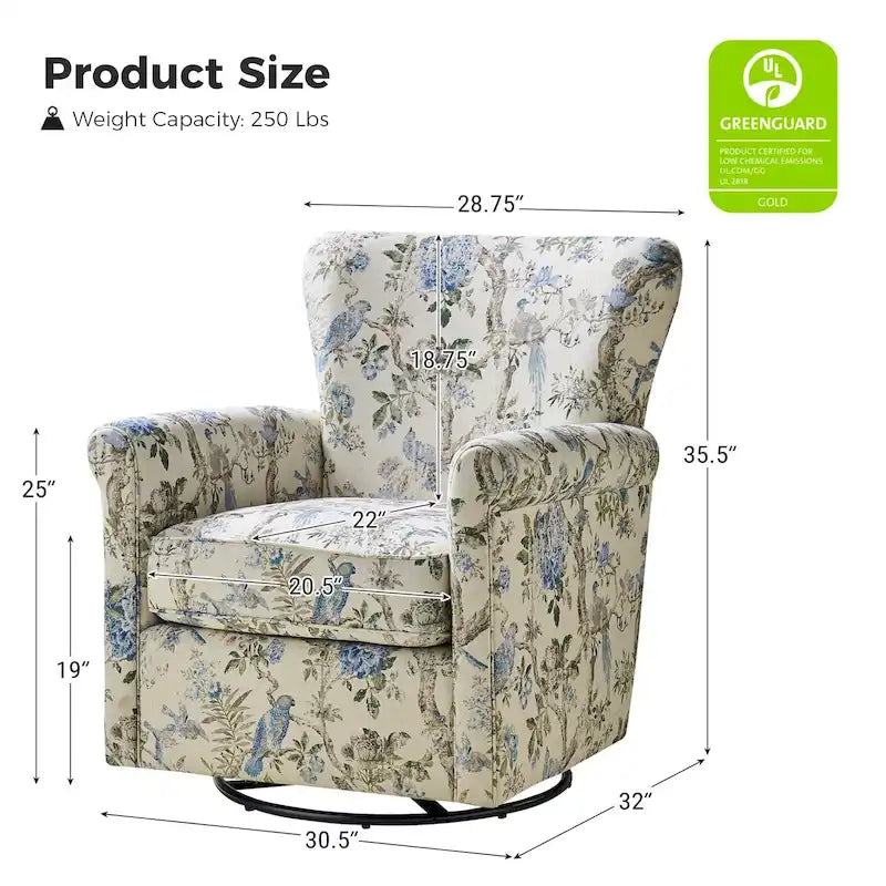 Poltrona girevole a dondolo Georg Comfortable Floral Fabric con braccioli arrotolati di HULALA HOME