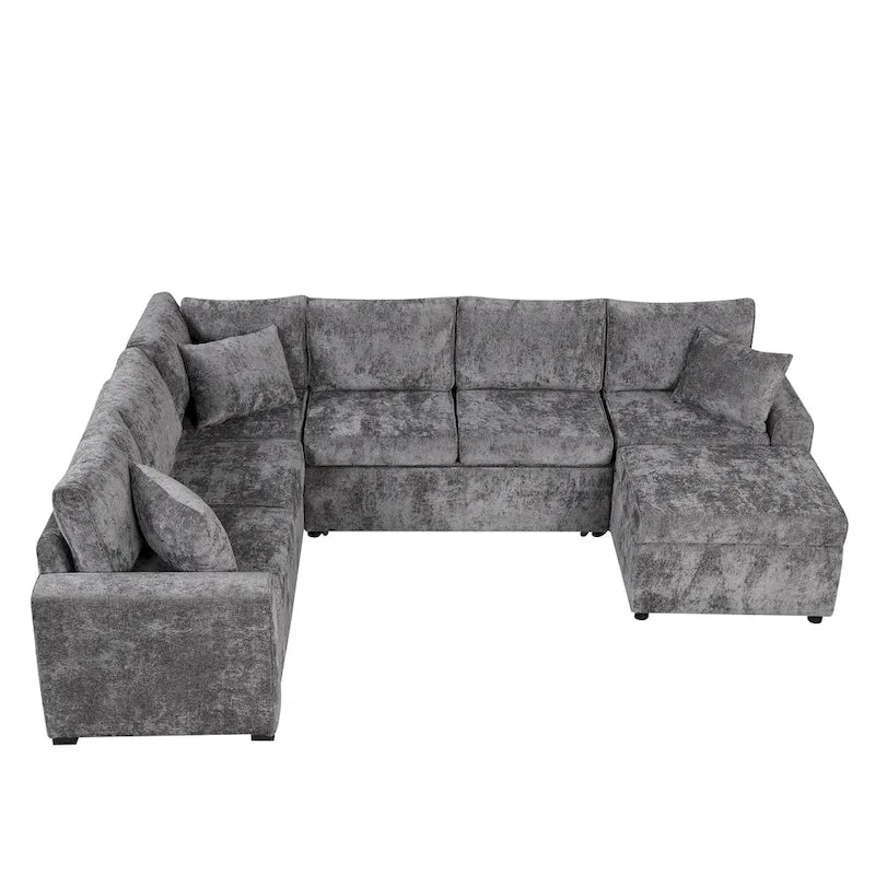 Divano sezionale in ciniglia con letto estraibile, divano letto a L con pouf contenitore, 3 cuscini e dispositivi di ricarica
