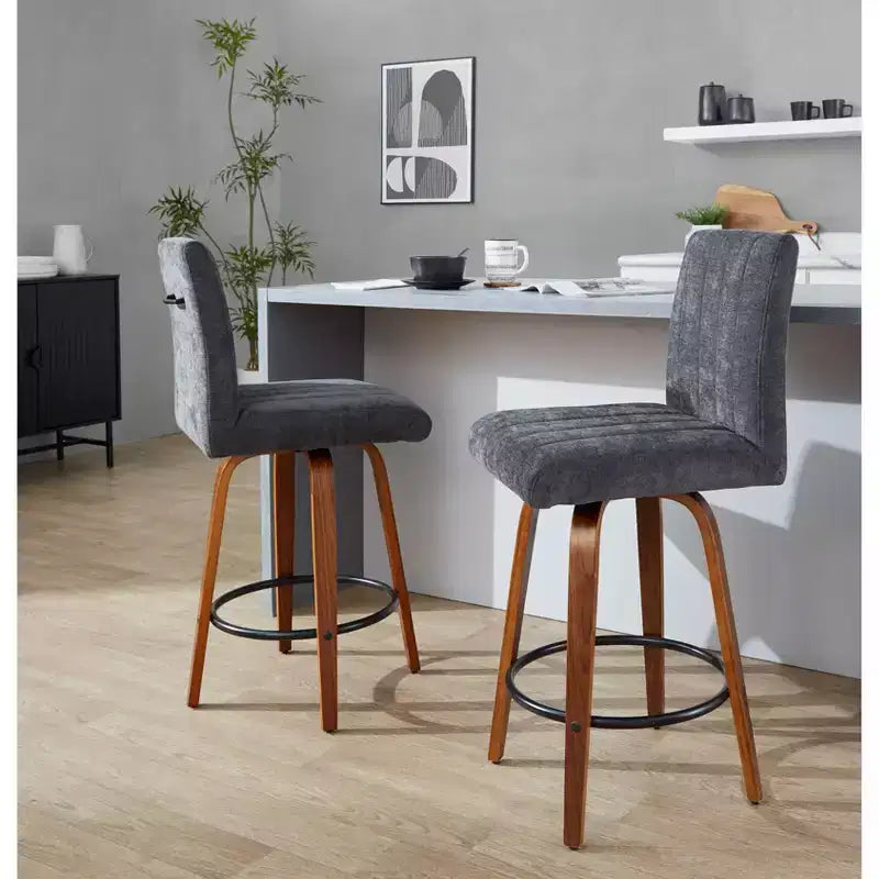 Set of 2 Hank Counter Height Barstools Walnut Wood/Black Fabric
