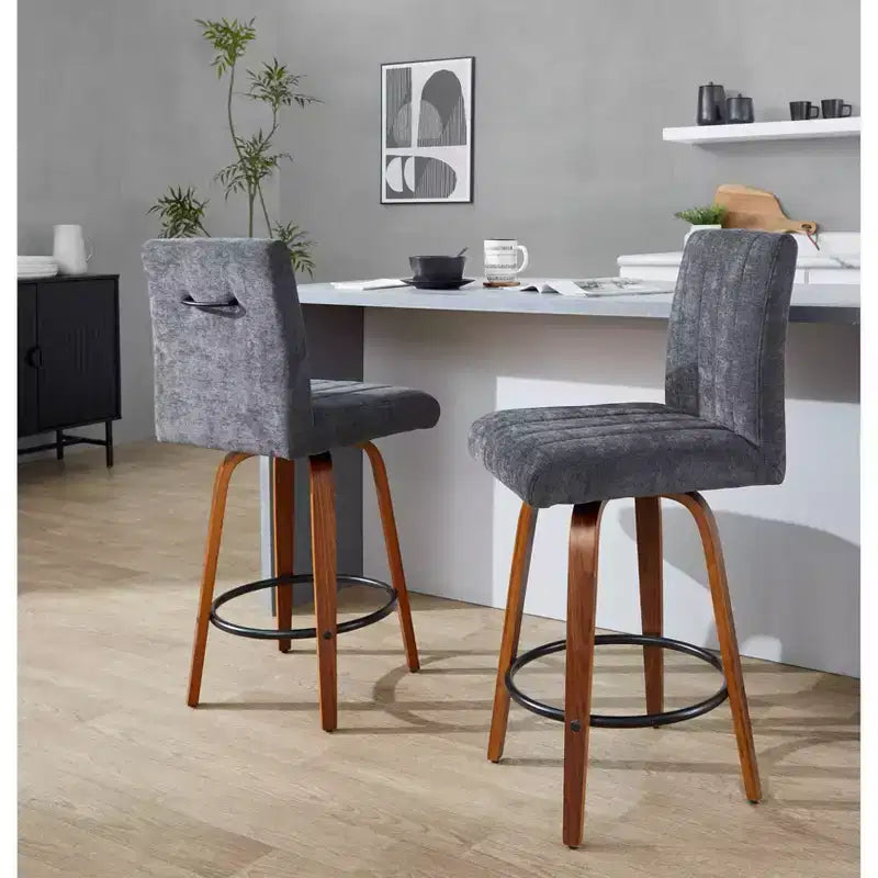Set of 2 Hank Counter Height Barstools Walnut Wood/Black Fabric