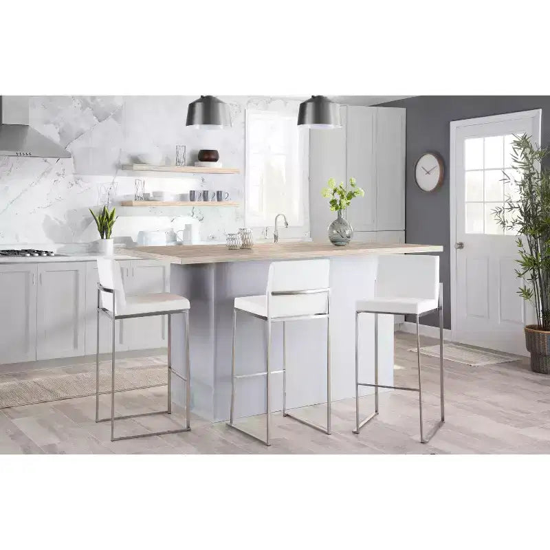 Set of 3 Fuji High Back Barstools Stainless Steel/White Velvet