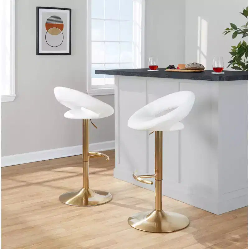 Set of 2 Posh Adjustable Barstools Gold/White PU