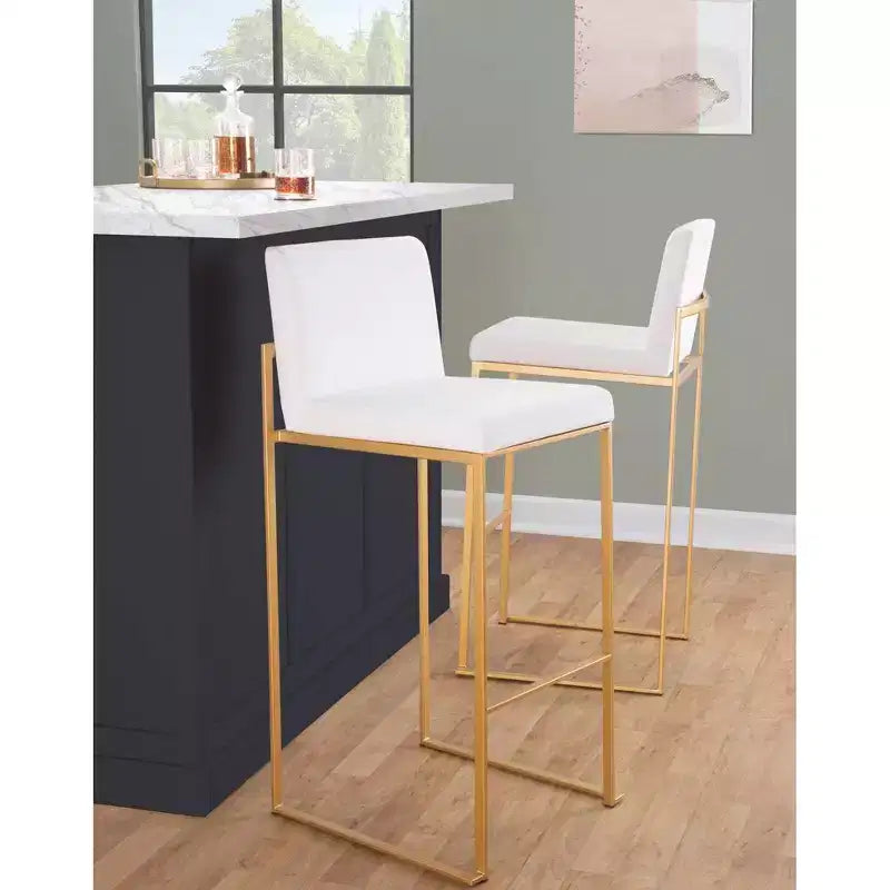 Set of 3 Fuji High Back Barstools Gold Steel/White PU