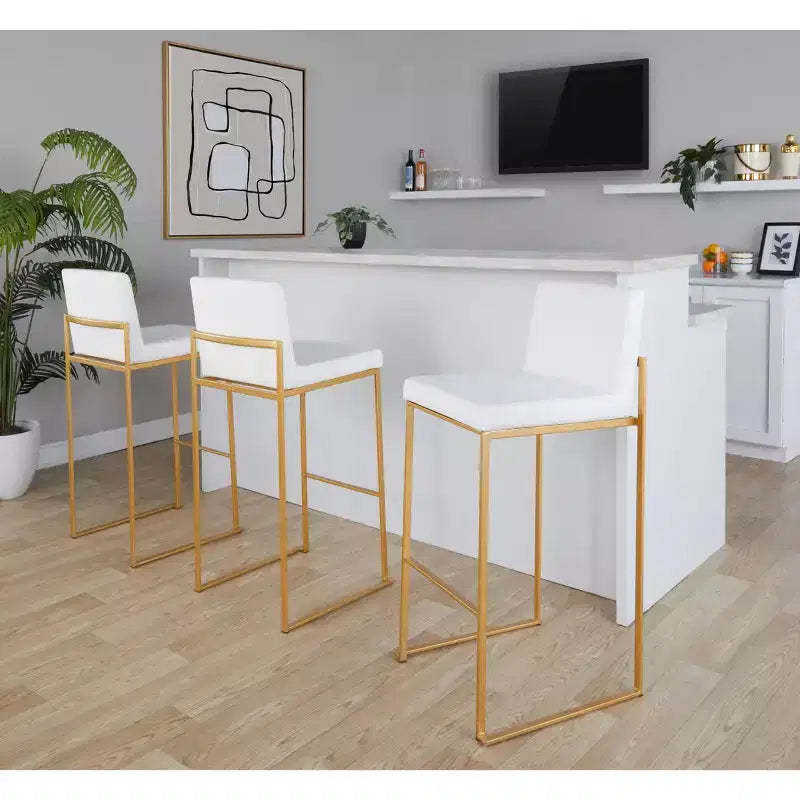 Set of 3 Fuji High Back Barstools Gold Steel/White PU