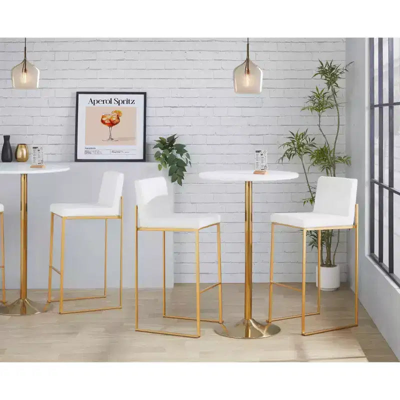 Set of 3 Fuji High Back Barstools Gold Steel/White PU