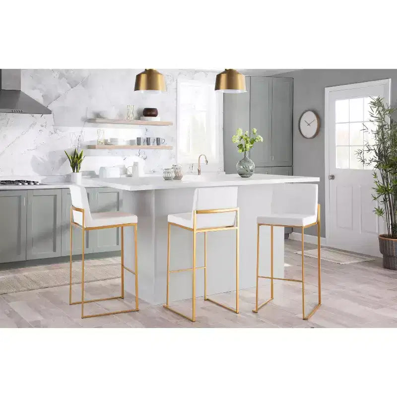 Set of 3 Fuji High Back Barstools Gold Steel/White PU