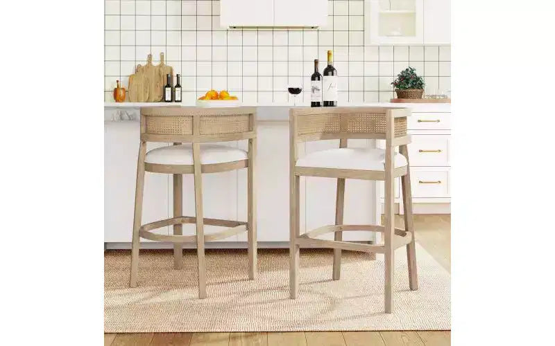 Christopher Knight Home Set of 2 Alaia Contemporary Rubberwood Upholstered with Curved Rattan Back Counter Height Barstools Natural