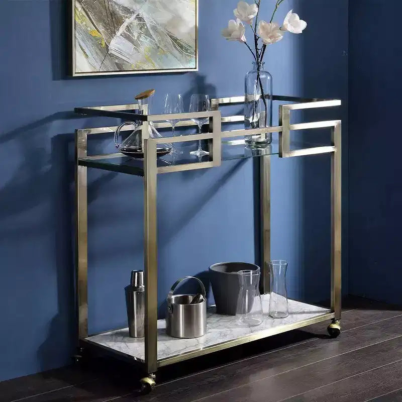 Neilo Faux Marble Top Bar Serving Cart Clear Glass/Wire Brass Finish