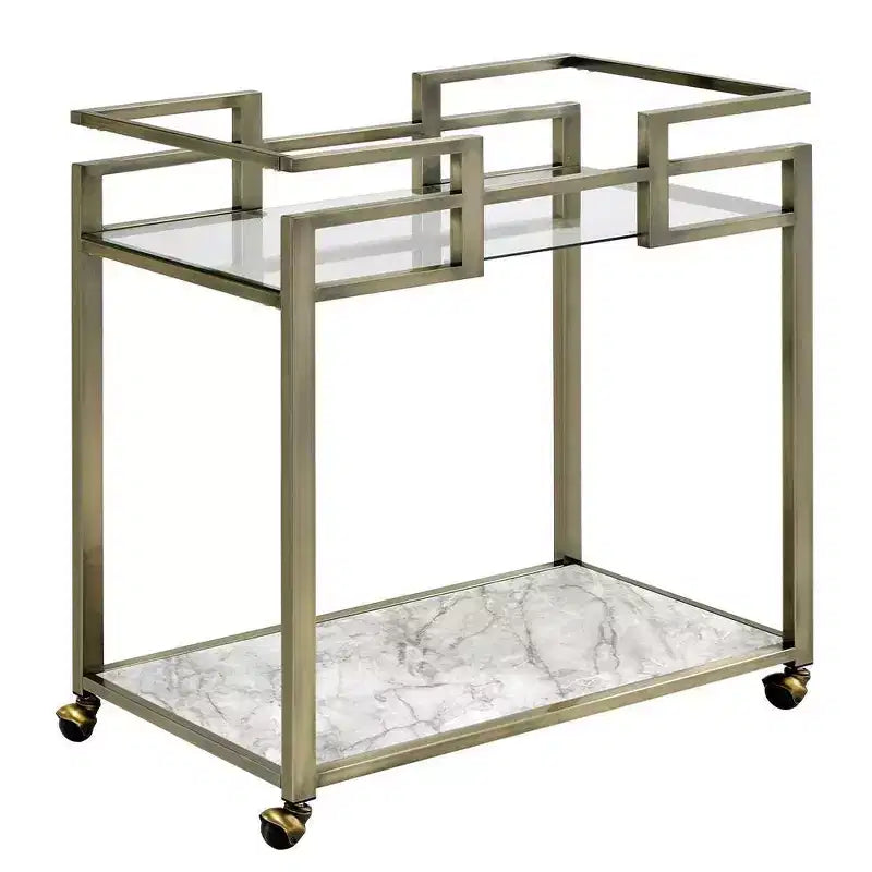 Neilo Faux Marble Top Bar Serving Cart Clear Glass/Wire Brass Finish