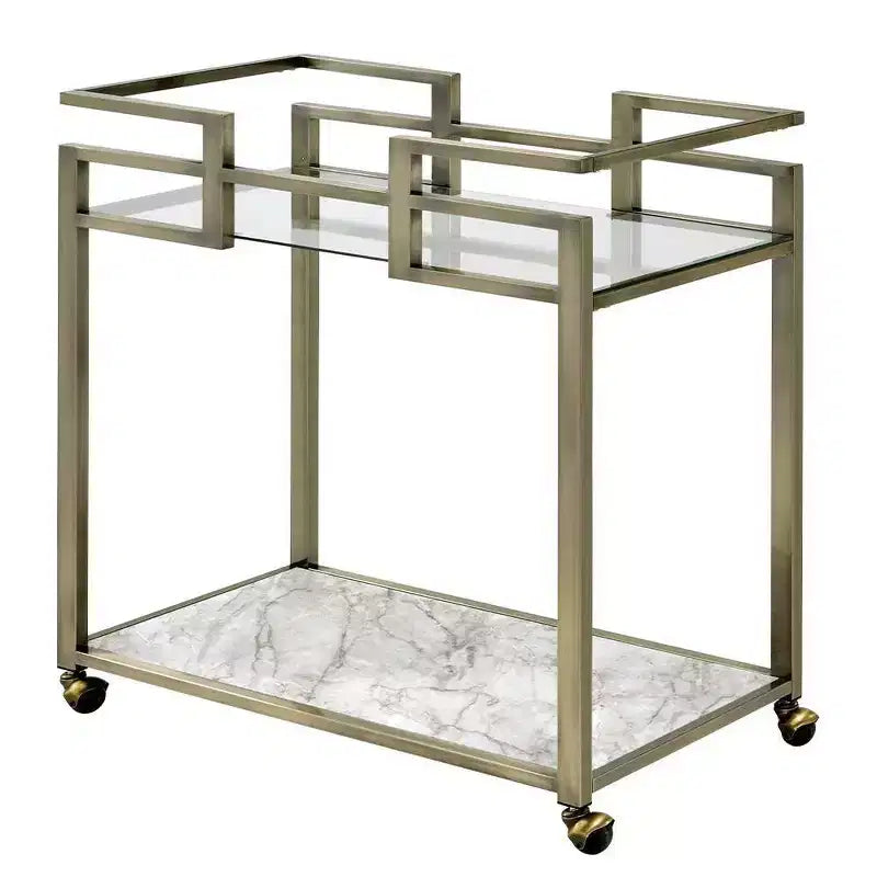 Neilo Faux Marble Top Bar Serving Cart Clear Glass/Wire Brass Finish