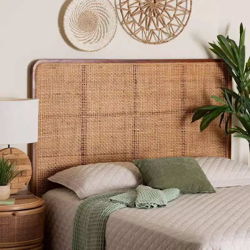 bali & pari Queen Size Caspia Rattan and Mahogany Wood Headboard Light Honey/Red Teak