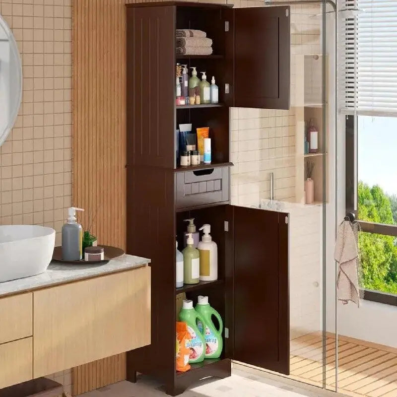 Mobile bagno alto 67 H, Armadietto portabiancheria stretto, Mobiletto contenitore con 2 ante e cassetto