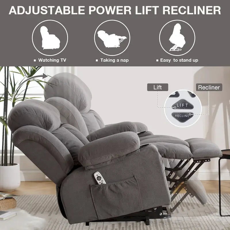 Poltrona reclinabile elettrica Grey Power con massaggio riscaldante, ricarica USB, telecomando e comode tasche laterali per anziani