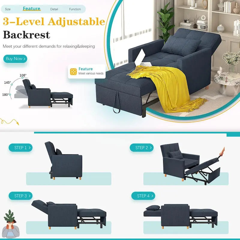AECOJOY Poltrona Letto 3 in 1 con Cuscino e Schienale Convertibile