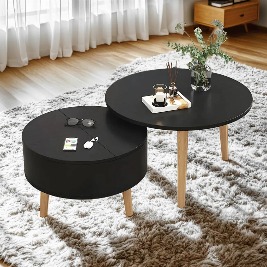 Tavolino da caffè rotondo moderno in legno bianco e nero con contenitore