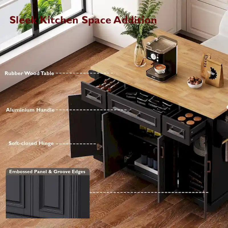 54 - Grande isola cucina con anta a ribalta in legno di gomma, carrello da cucina scorrevole con texture in rilievo su 4 ruote con 4 ante e 3 cassetti