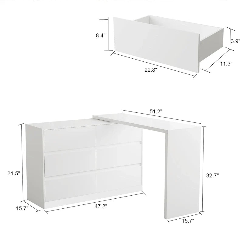 Cassettiera e Scrivania Girevole a 32,7H, con 6 Cassetti, Tavolo da Trucco, Bianco/Nero