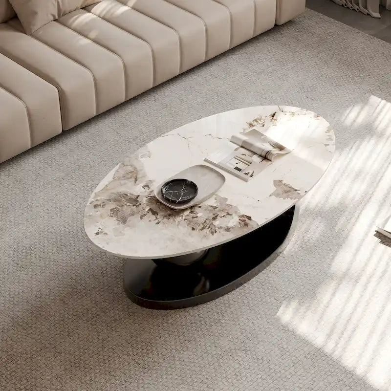 Tavolino da caffè ovale moderno Pandora 51 con piano in pietra sinterizzata lucida, tavolino da caffè di lusso, gambe in acciaio inossidabile per soggiorno
