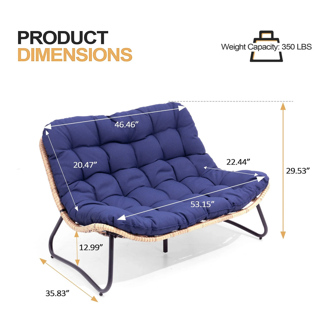 Divanetto due posti Double Papasan con cuscino, in rattan PE per tutte le stagioni e struttura in metallo per interni ed esterni