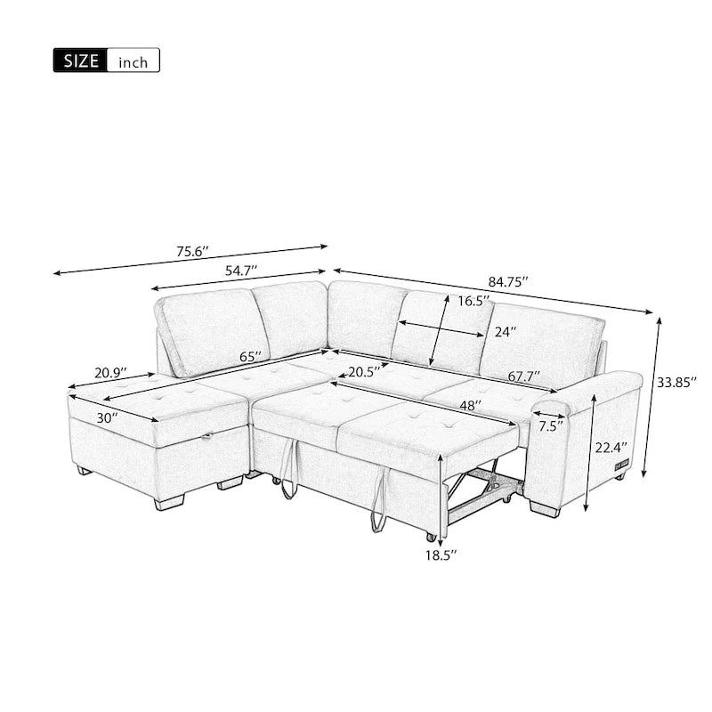 Divano sezionale a L a 5 posti con funzione letto, con pouf contenitore, vano contenitore nel bracciolo e ricarica USB per soggiorno, 84,75 pollici