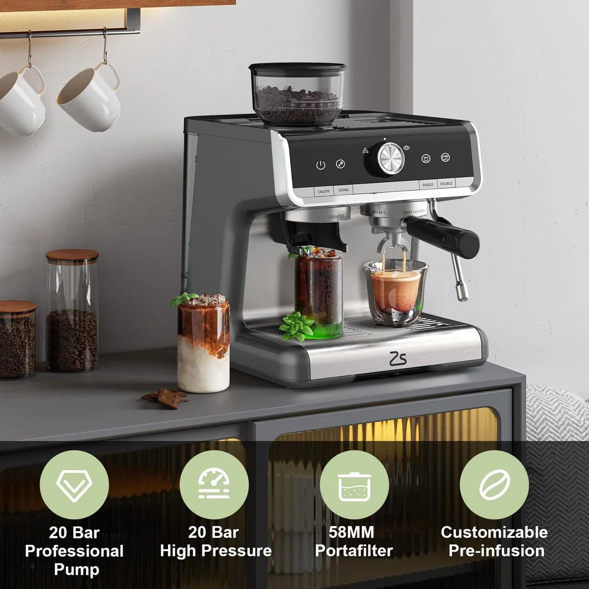 Macchina da caffè espresso, con macinacaffè, serbatoio dell'acqua da 2,8 L