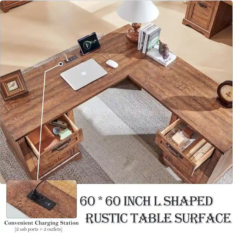 60 Scrivania Direzionale a L da Fattoria, Scrivania ad Angolo in Legno, Scrivania per Computer