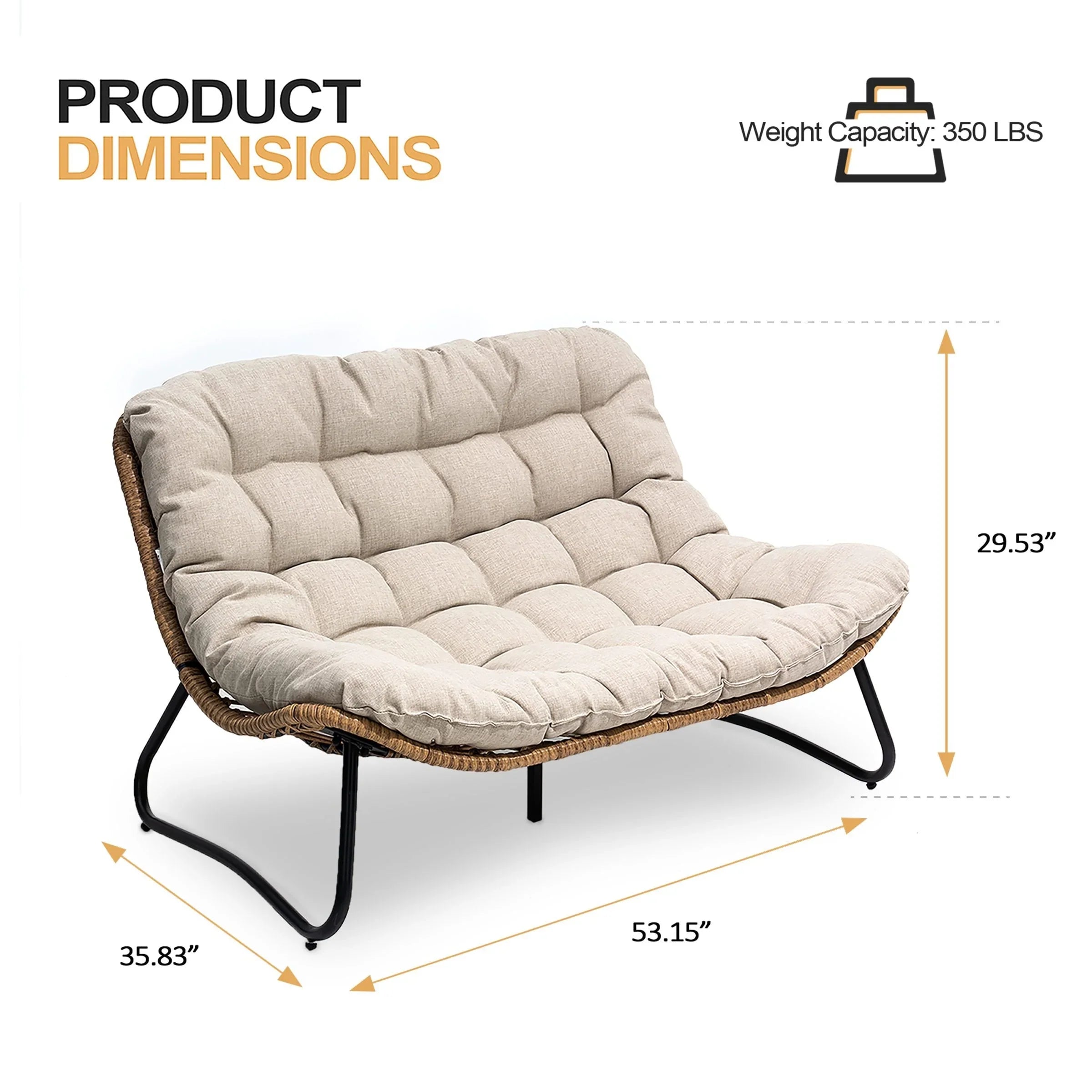 Divanetto due posti Double Papasan con cuscino, in rattan PE per tutte le stagioni e struttura in metallo per interni ed esterni