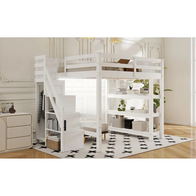 Letto a soppalco singolo/matrimoniale con scala contenitore - Ripiani, armadio e luce LED, design salvaspazio