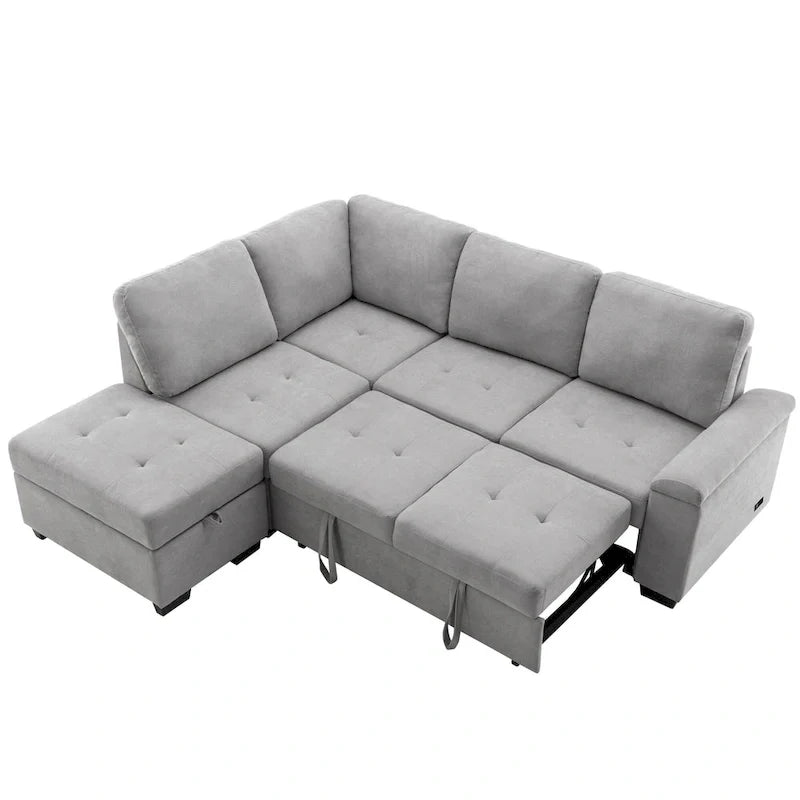 Divano sezionale a L a 5 posti con funzione letto, con pouf contenitore, vano contenitore nel bracciolo e ricarica USB per soggiorno, 84,75 pollici
