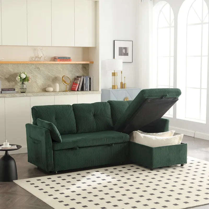 Divano Sezionale a L con Chaise Reversibile, Rivestimento in Velluto a Coste/Ciniglia, con Bracciolo Portaoggetti e Tasca Laterale