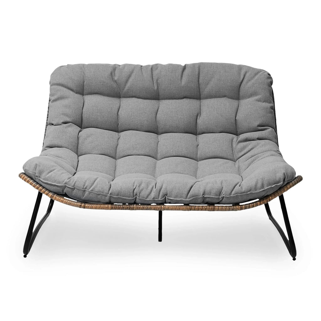 Divanetto due posti Double Papasan con cuscino, in rattan PE per tutte le stagioni e struttura in metallo per interni ed esterni