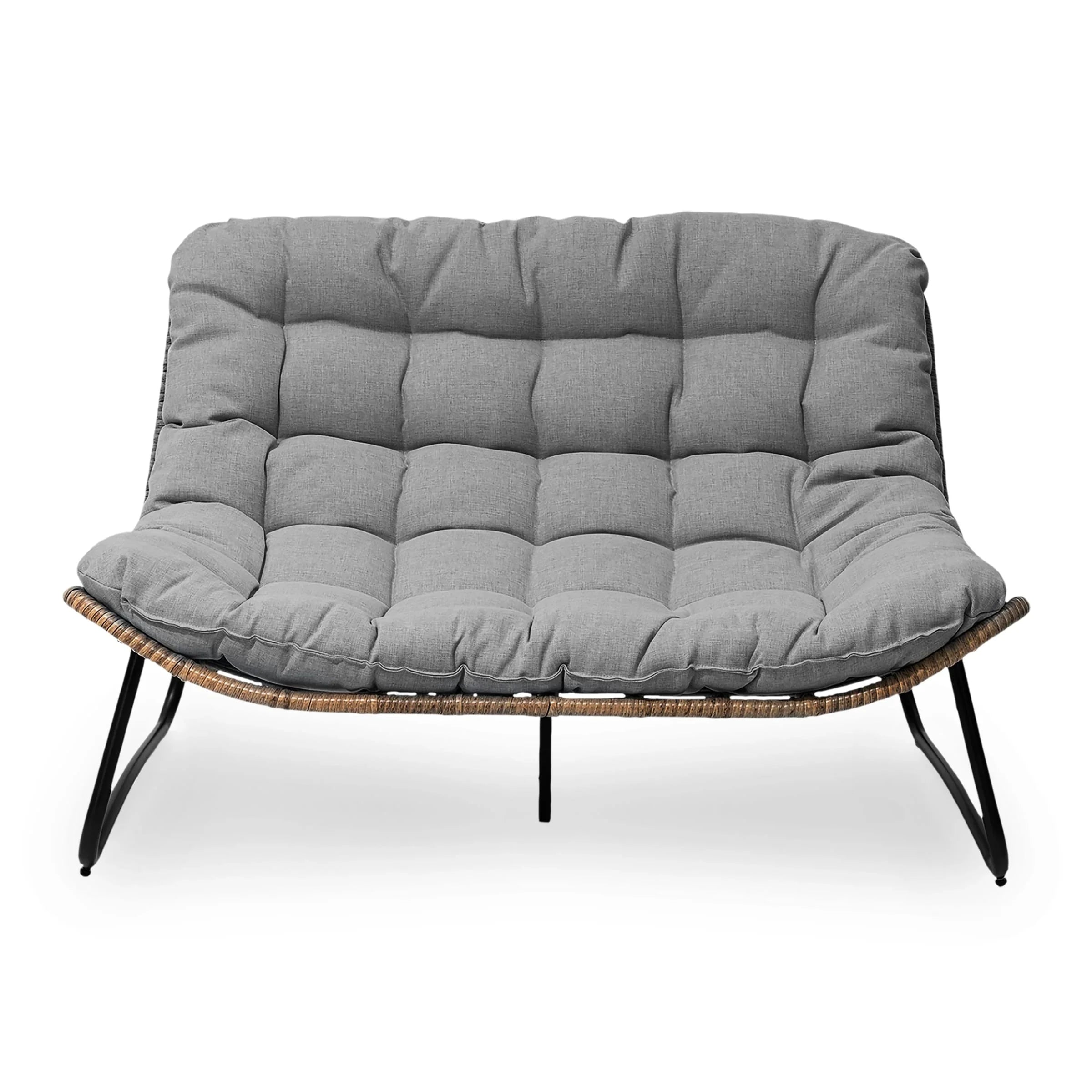 Divanetto due posti Double Papasan con cuscino, in rattan PE per tutte le stagioni e struttura in metallo per interni ed esterni