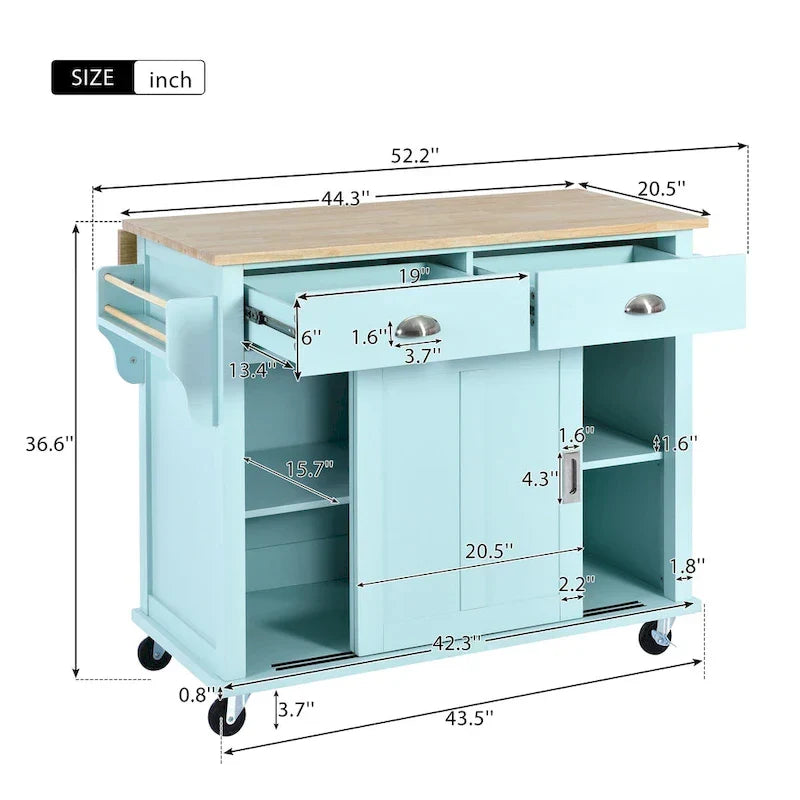 Carrello da cucina con piano d'appoggio ribaltabile in legno di gomma, porta scorrevole a scomparsa con altezza regolabile, isola da cucina su 4 ruote