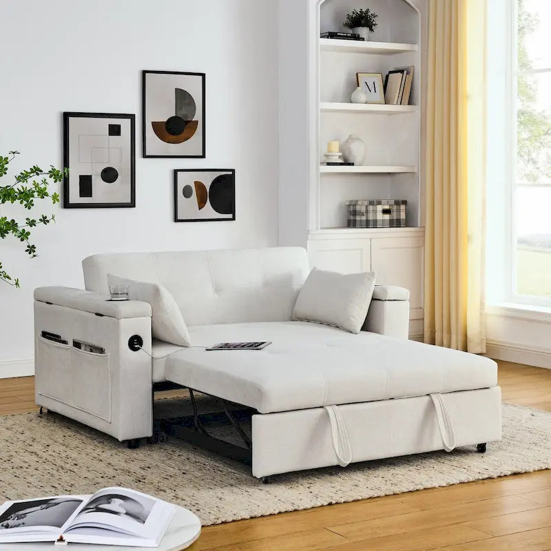 Divano Letto Estraibile 54", Divano Reclinabile 2 Posti con Contenitore, Cuscino Lombare, Presa USB