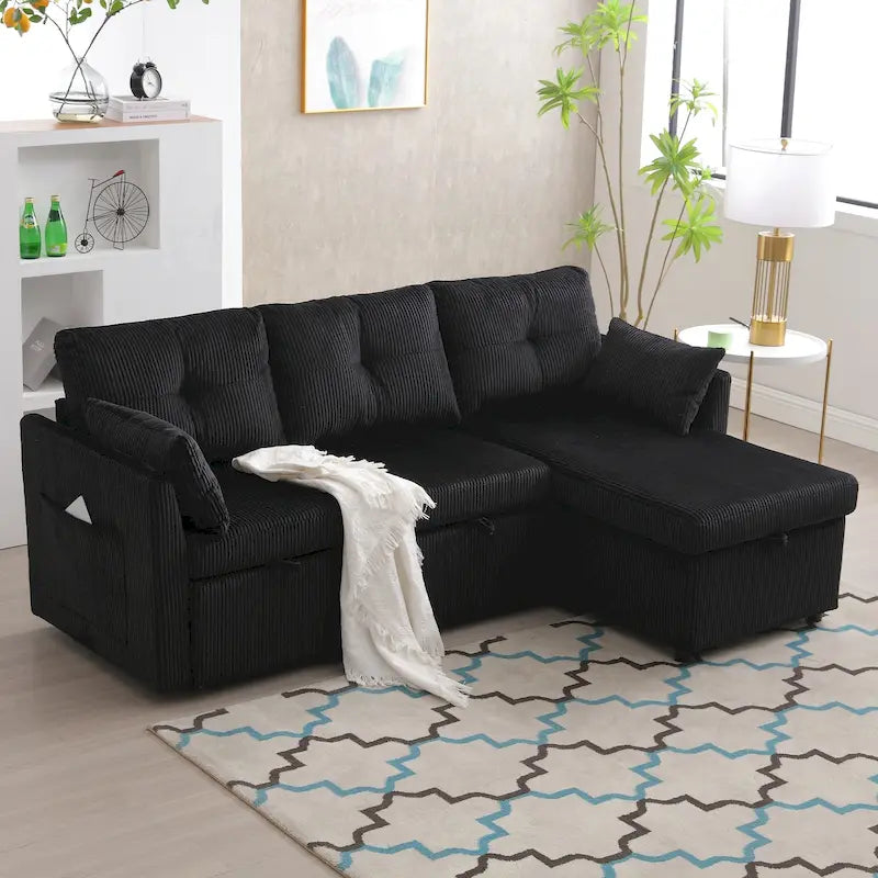 Divano Sezionale a L con Chaise Reversibile, Rivestimento in Velluto a Coste/Ciniglia, con Bracciolo Portaoggetti e Tasca Laterale