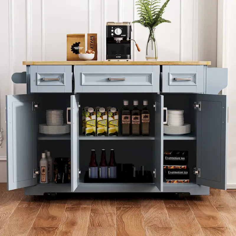 54 - Grande isola cucina con anta a ribalta in legno di gomma, carrello da cucina scorrevole con texture in rilievo su 4 ruote con 4 ante e 3 cassetti