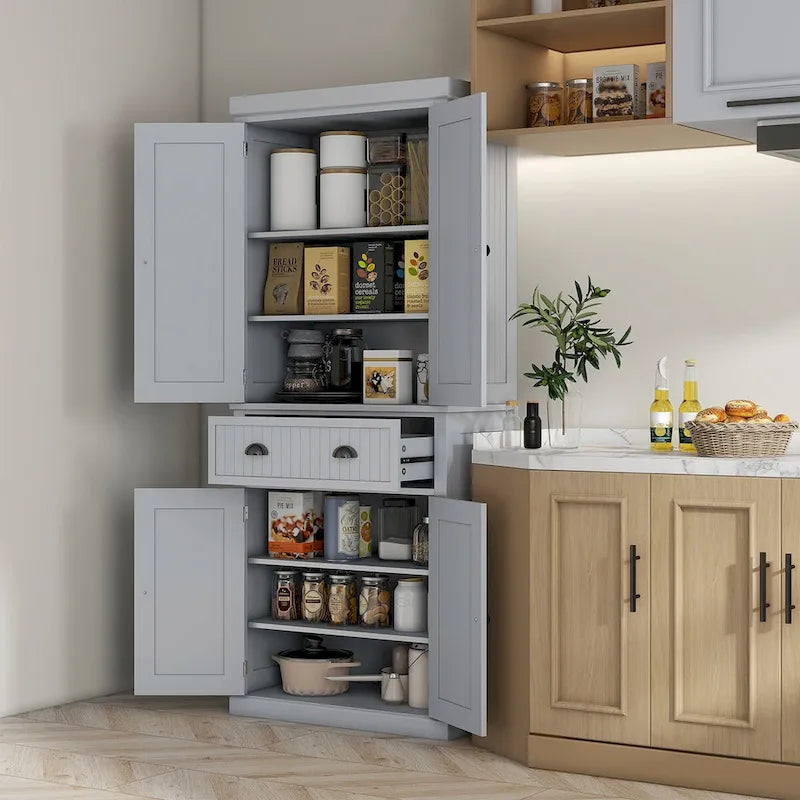 Armadio dispensa da cucina da 72 pollici, mobile tradizionale autoportante con 4 ante e 3 ripiani regolabili, ampio cassetto centrale