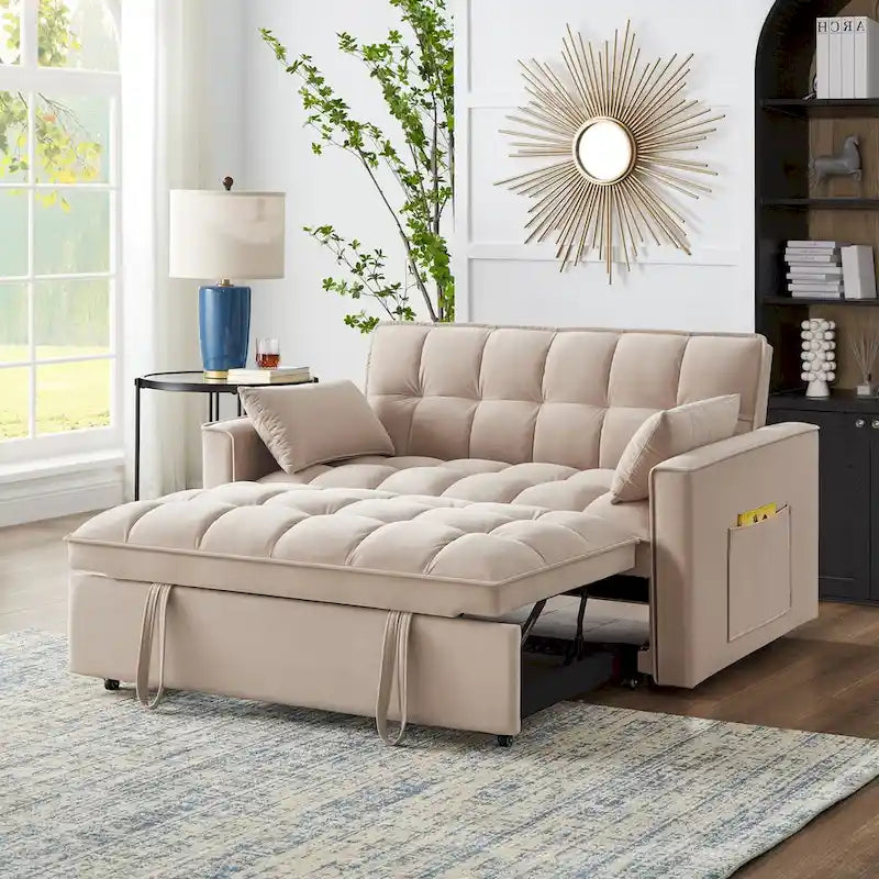 Divano letto a due posti 4 in 1 con braccioli e tasche portaoggetti, divano letto estraibile multifunzionale trapuntato con schienale regolabile