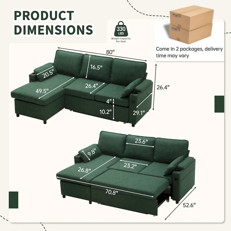 Divano letto a L da 80", Divano letto a scomparsa, Divano letto convertibile con penisola reversibile