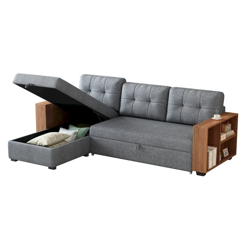 Divano Sezionale Convertibile con Letto Estraibile e Chaise Longue Contenitore Nascosto