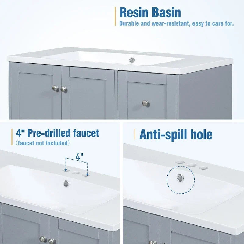 Mobile bagno da 36 pollici con ricarica USB, lavabo in resina, telaio in legno massello, 3 cassetti contenitori