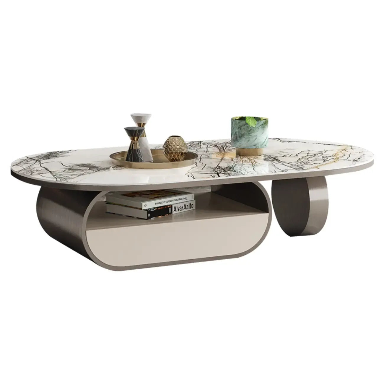 Tavolino da caffè ovale contemporaneo in marmo unico con cassetto