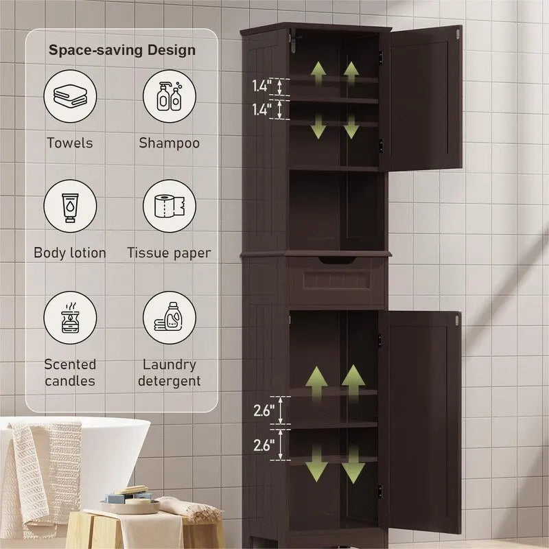 Mobile bagno alto 67 H, Armadietto portabiancheria stretto, Mobiletto contenitore con 2 ante e cassetto